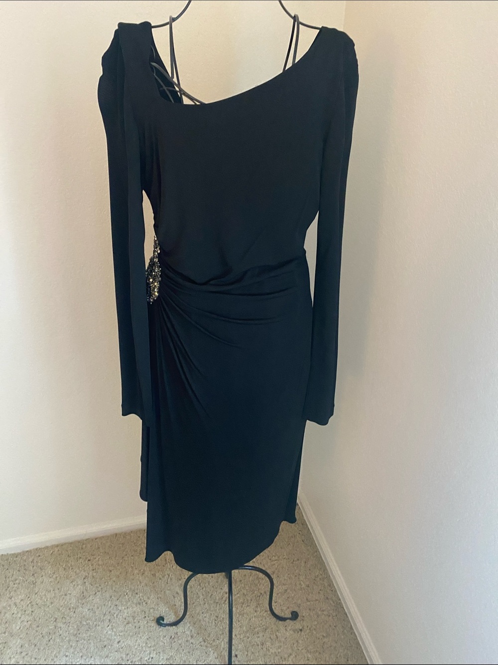 Teri Jon Black Long-Sleeve Draped Evening Dress with Side Embellishment